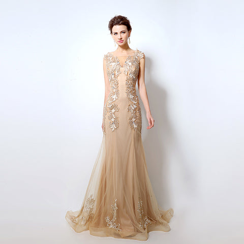 Exquisite Sleeveless Mermaid - style Evening Gown with Intricate Floral Embroidery - Elegant Tulle Prom Dress,LX036