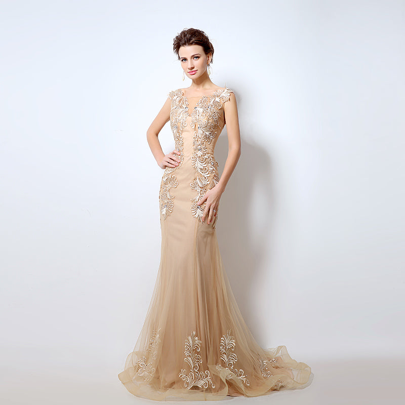 Exquisite Sleeveless Mermaid - style Evening Gown with Intricate Floral Embroidery - Elegant Tulle Prom Dress,LX036