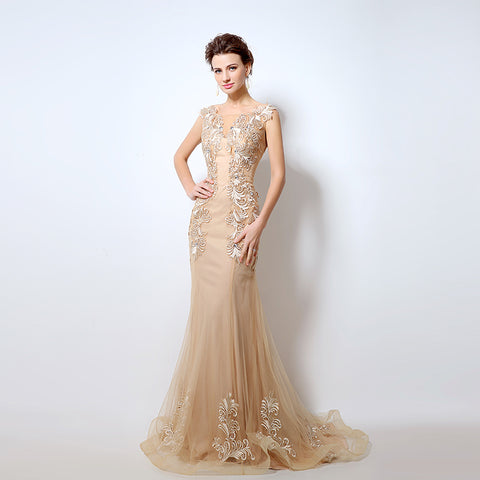 Exquisite Sleeveless Mermaid - style Evening Gown with Intricate Floral Embroidery - Elegant Tulle Prom Dress,LX036