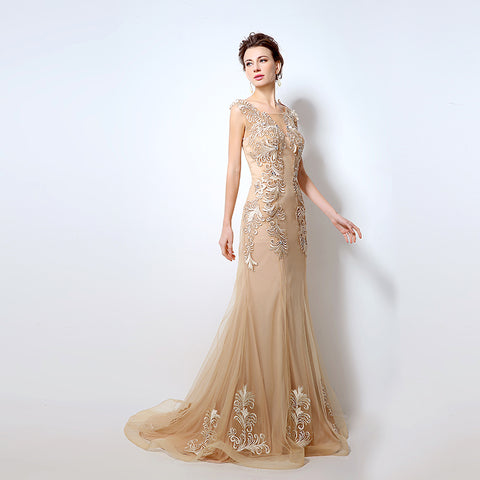 Exquisite Sleeveless Mermaid - style Evening Gown with Intricate Floral Embroidery - Elegant Tulle Prom Dress,LX036