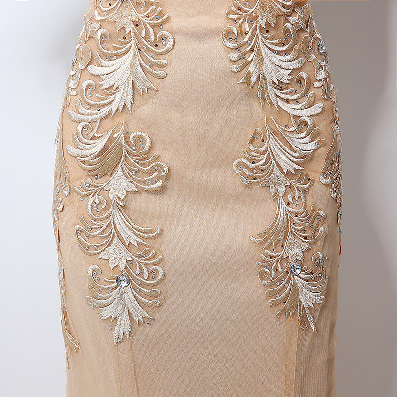Exquisite Sleeveless Mermaid - style Evening Gown with Intricate Floral Embroidery - Elegant Tulle Prom Dress,LX036