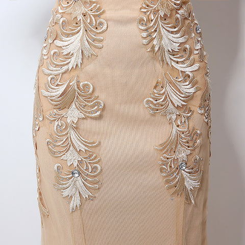 Exquisite Sleeveless Mermaid - style Evening Gown with Intricate Floral Embroidery - Elegant Tulle Prom Dress,LX036