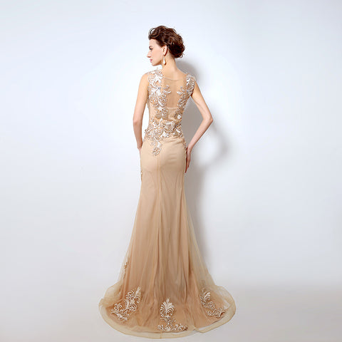 Exquisite Sleeveless Mermaid - style Evening Gown with Intricate Floral Embroidery - Elegant Tulle Prom Dress,LX036