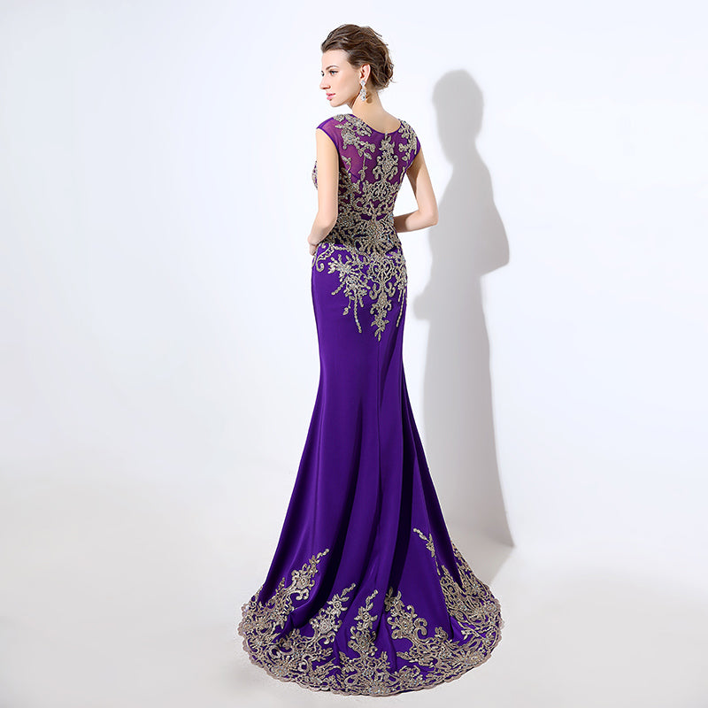 Gorgeous Purple Sheath Evening Dress with Opulent Crystal - Beaded Embellishments and Sheer Cap Sleeves Prom Dress,LX039