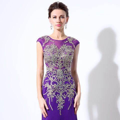 Gorgeous Purple Sheath Evening Dress with Opulent Crystal - Beaded Embellishments and Sheer Cap Sleeves Prom Dress,LX039