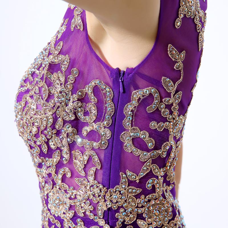 Gorgeous Purple Sheath Evening Dress with Opulent Crystal - Beaded Embellishments and Sheer Cap Sleeves Prom Dress,LX039