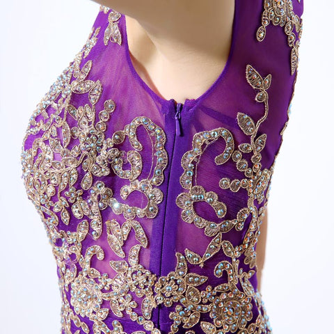 Gorgeous Purple Sheath Evening Dress with Opulent Crystal - Beaded Embellishments and Sheer Cap Sleeves Prom Dress,LX039