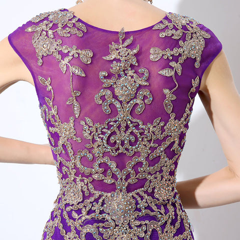 Gorgeous Purple Sheath Evening Dress with Opulent Crystal - Beaded Embellishments and Sheer Cap Sleeves Prom Dress,LX039