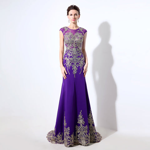 Gorgeous Purple Sheath Evening Dress with Opulent Crystal - Beaded Embellishments and Sheer Cap Sleeves Prom Dress,LX039