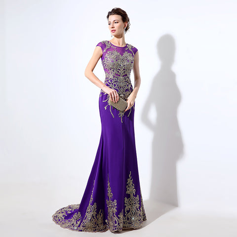 Gorgeous Purple Sheath Evening Dress with Opulent Crystal - Beaded Embellishments and Sheer Cap Sleeves Prom Dress,LX039