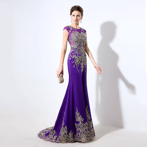 Gorgeous Purple Sheath Evening Dress with Opulent Crystal - Beaded Embellishments and Sheer Cap Sleeves Prom Dress,LX039