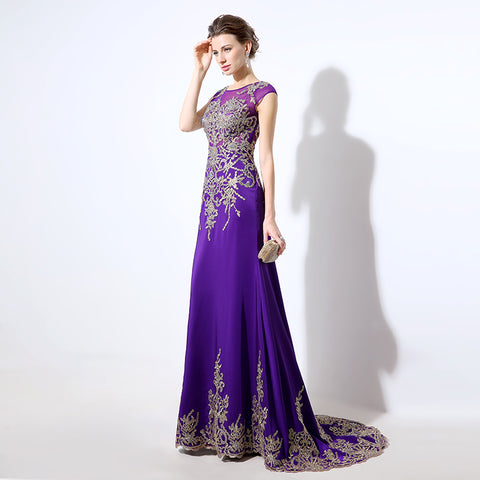 Gorgeous Purple Sheath Evening Dress with Opulent Crystal - Beaded Embellishments and Sheer Cap Sleeves Prom Dress,LX039
