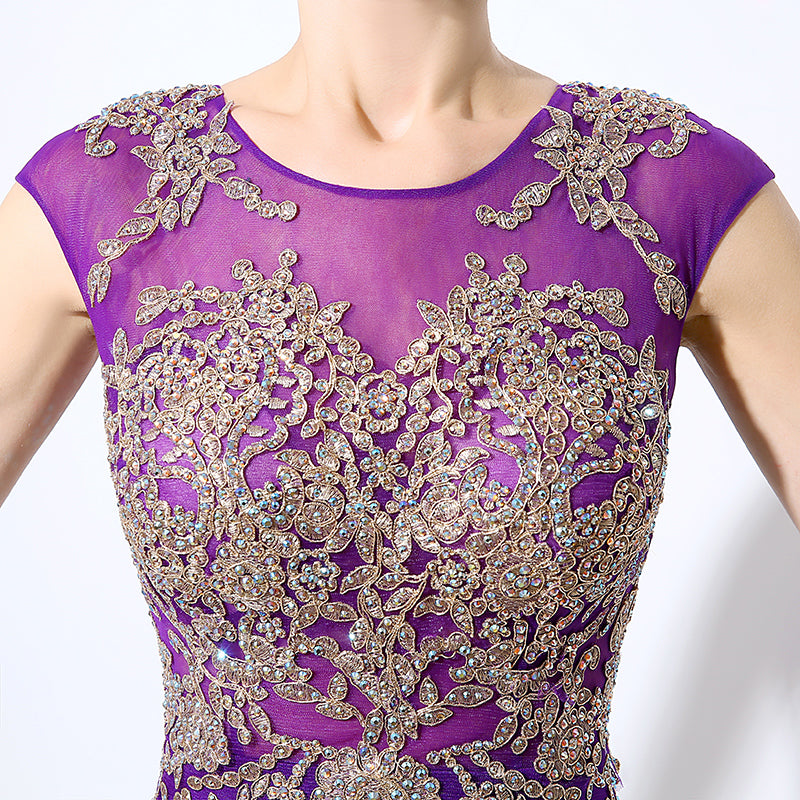 Gorgeous Purple Sheath Evening Dress with Opulent Crystal - Beaded Embellishments and Sheer Cap Sleeves Prom Dress,LX039