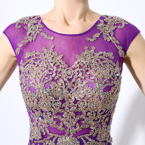Gorgeous Purple Sheath Evening Dress with Opulent Crystal - Beaded Embellishments and Sheer Cap Sleeves Prom Dress,LX039