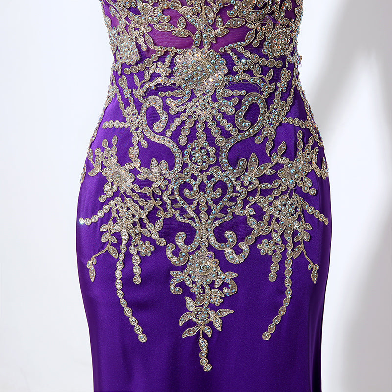 Gorgeous Purple Sheath Evening Dress with Opulent Crystal - Beaded Embellishments and Sheer Cap Sleeves Prom Dress,LX039