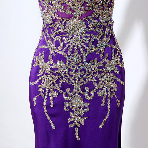 Gorgeous Purple Sheath Evening Dress with Opulent Crystal - Beaded Embellishments and Sheer Cap Sleeves Prom Dress,LX039