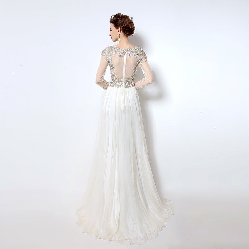 White Embellished Illusion - Neck Long - Sleeve Chiffon Prom Dress, LX041