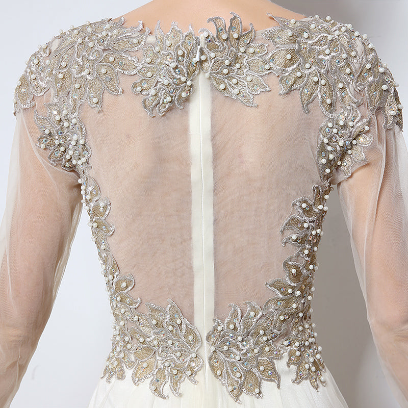 White Embellished Illusion - Neck Long - Sleeve Chiffon Prom Dress, LX041