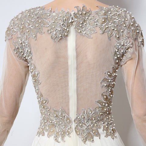 White Embellished Illusion - Neck Long - Sleeve Chiffon Prom Dress, LX041