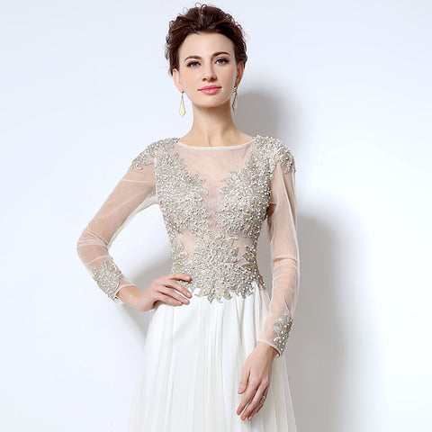 White Embellished Illusion - Neck Long - Sleeve Chiffon Prom Dress, LX041