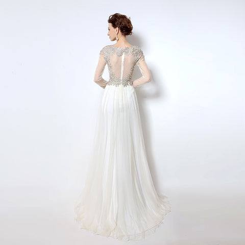 White Embellished Illusion - Neck Long - Sleeve Chiffon Prom Dress, LX041