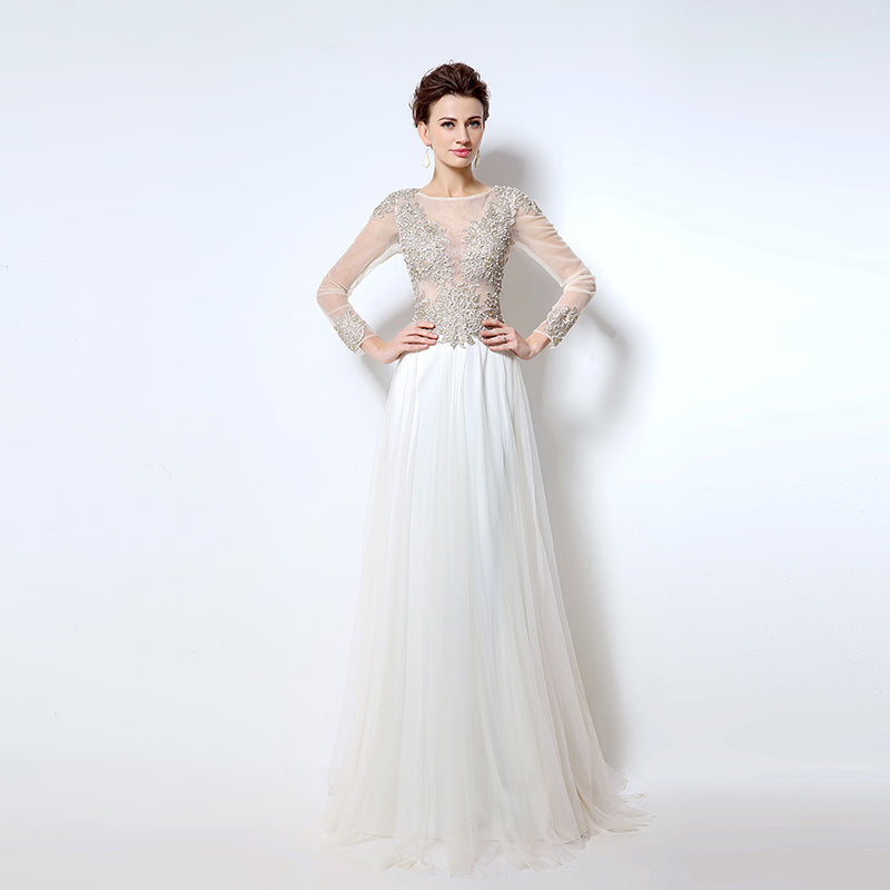 White Embellished Illusion - Neck Long - Sleeve Chiffon Prom Dress, LX041