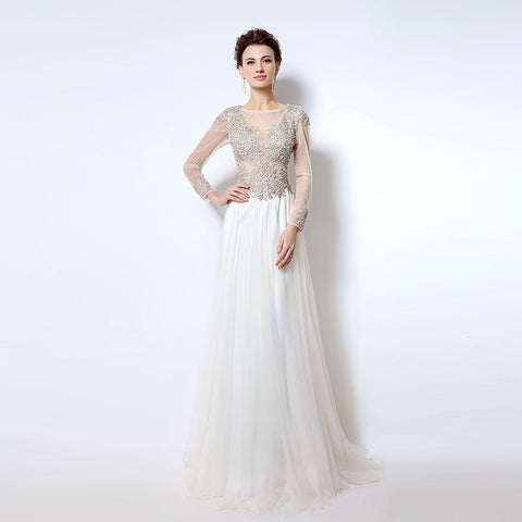 White Embellished Illusion - Neck Long - Sleeve Chiffon Prom Dress, LX041