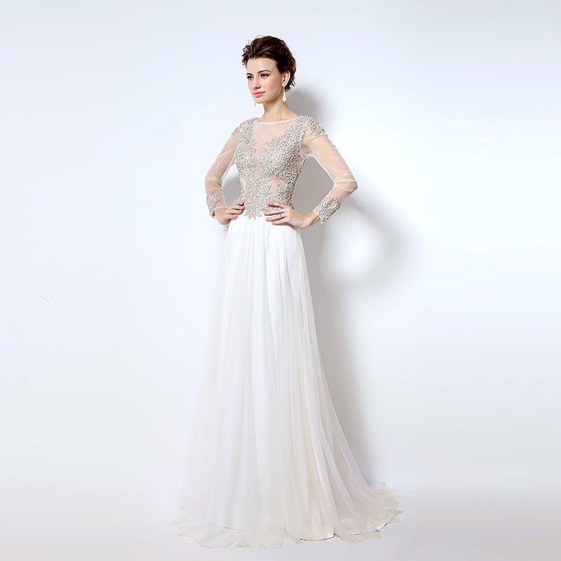 White Embellished Illusion - Neck Long - Sleeve Chiffon Prom Dress, LX041