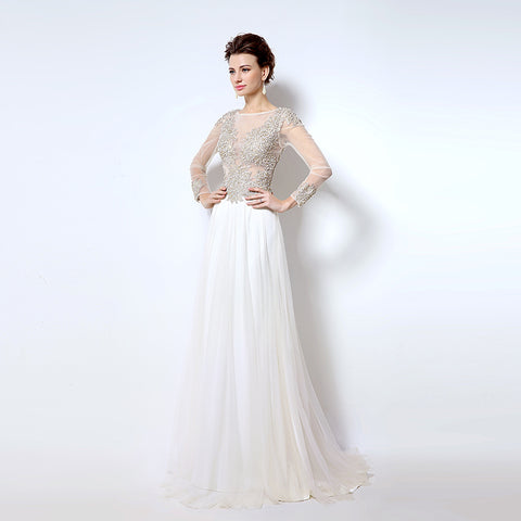 White Embellished Illusion - Neck Long - Sleeve Chiffon Prom Dress, LX041