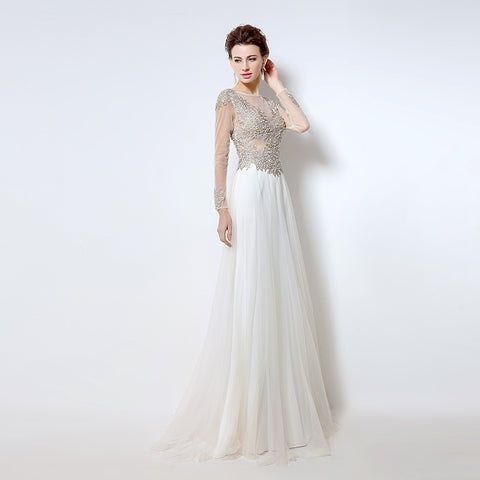 White Embellished Illusion - Neck Long - Sleeve Chiffon Prom Dress, LX041