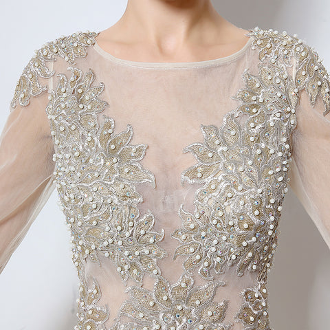 White Embellished Illusion - Neck Long - Sleeve Chiffon Prom Dress, LX041