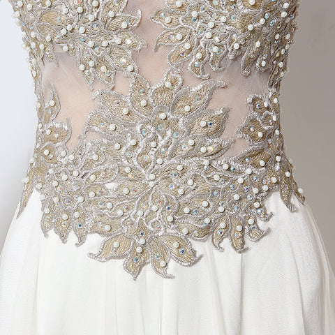 White Embellished Illusion - Neck Long - Sleeve Chiffon Prom Dress, LX041