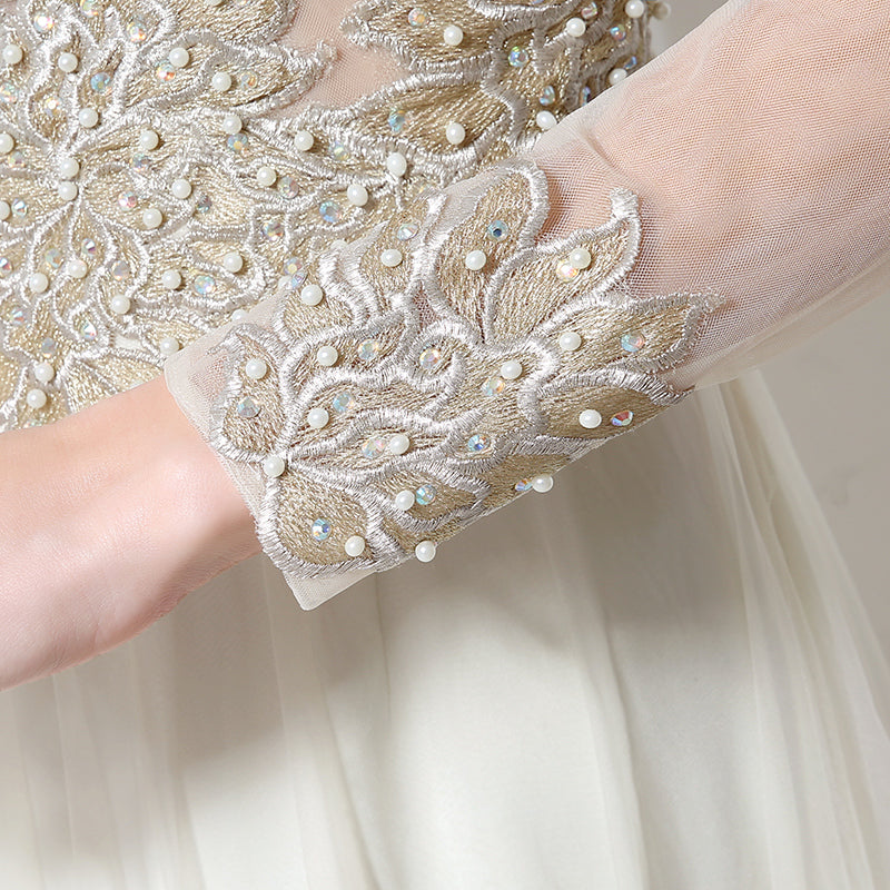 White Embellished Illusion - Neck Long - Sleeve Chiffon Prom Dress, LX041