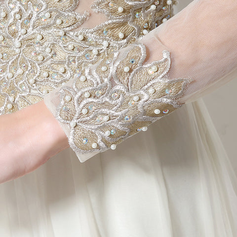 White Embellished Illusion - Neck Long - Sleeve Chiffon Prom Dress, LX041