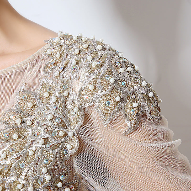 White Embellished Illusion - Neck Long - Sleeve Chiffon Prom Dress, LX041