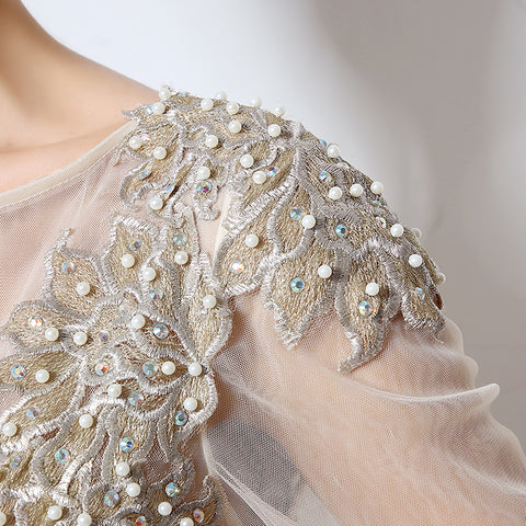 White Embellished Illusion - Neck Long - Sleeve Chiffon Prom Dress, LX041