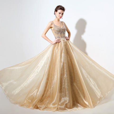 Gold Embellished Spaghetti - Straps V - Neck Open - Back Tulle Prom Dress, LX044