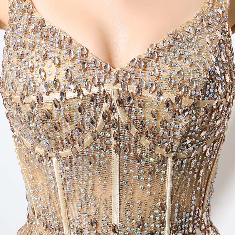 Gold Embellished Spaghetti - Straps V - Neck Open - Back Tulle Prom Dress, LX044