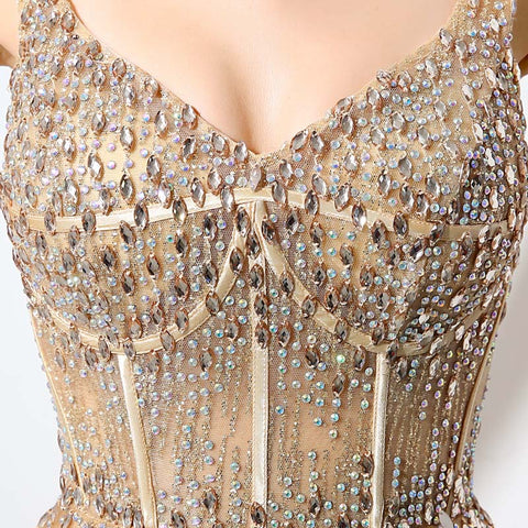 Gold Embellished Spaghetti - Straps V - Neck Open - Back Tulle Prom Dress, LX044