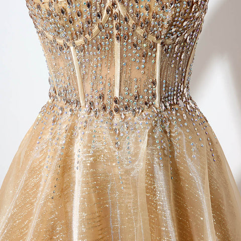 Gold Embellished Spaghetti - Straps V - Neck Open - Back Tulle Prom Dress, LX044