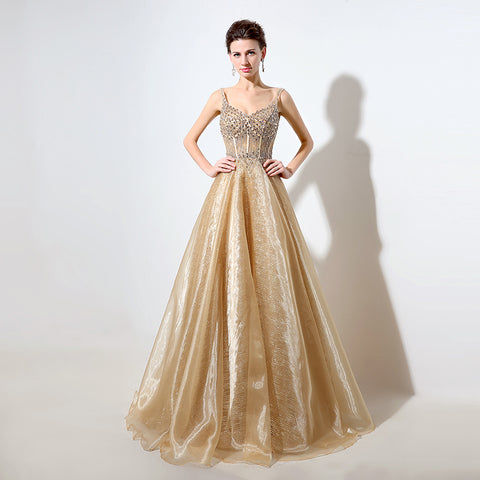 Gold Embellished Spaghetti - Straps V - Neck Open - Back Tulle Prom Dress, LX044