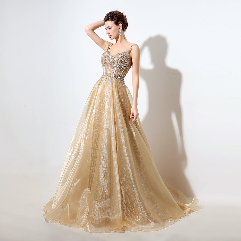 Gold Embellished Spaghetti - Straps V - Neck Open - Back Tulle Prom Dress, LX044