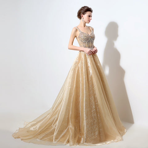 Gold Embellished Spaghetti - Straps V - Neck Open - Back Tulle Prom Dress, LX044