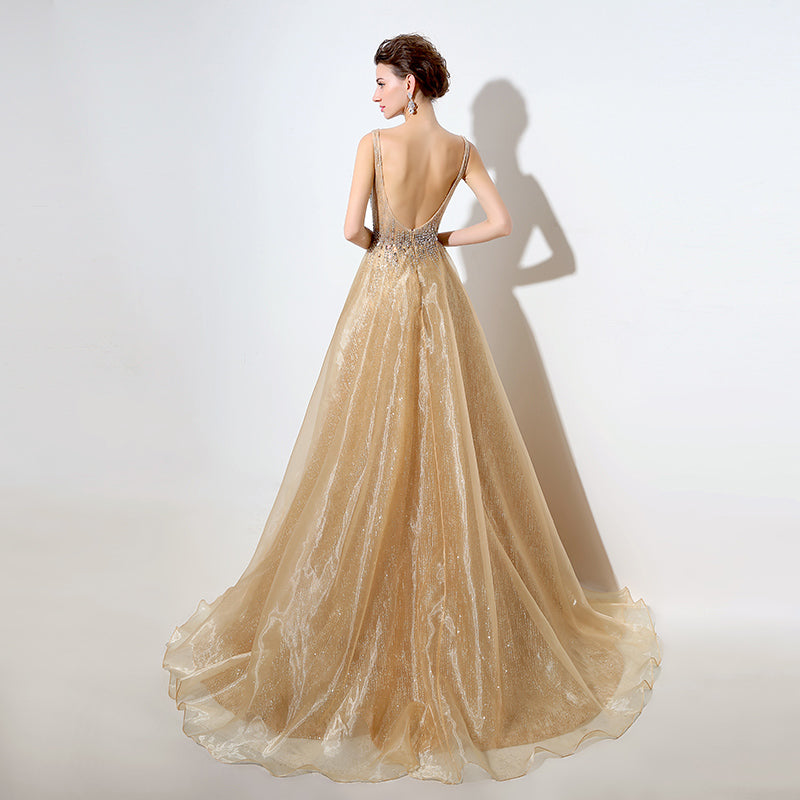 Gold Embellished Spaghetti - Straps V - Neck Open - Back Tulle Prom Dress, LX044