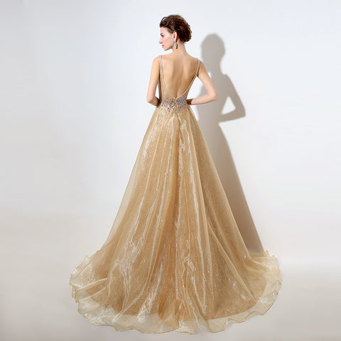 Gold Embellished Spaghetti - Straps V - Neck Open - Back Tulle Prom Dress, LX044