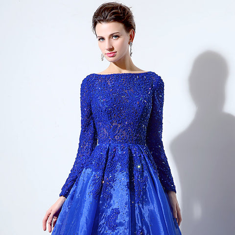 Royal Blue Embellished Boat - Neck Long - Sleeve Ball - Gown Prom Dress, LX045