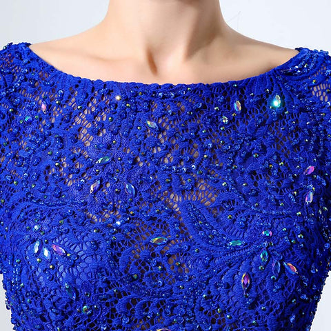 Royal Blue Embellished Boat - Neck Long - Sleeve Ball - Gown Prom Dress, LX045