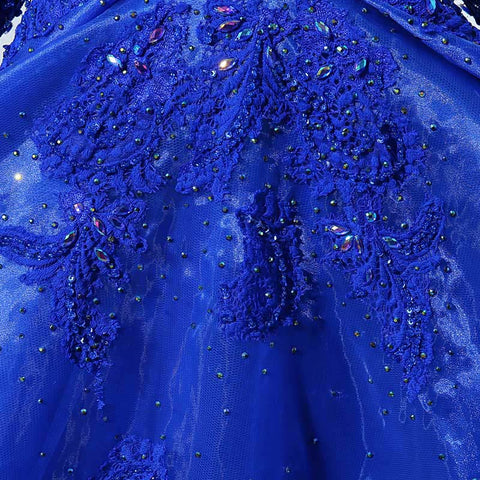 Royal Blue Embellished Boat - Neck Long - Sleeve Ball - Gown Prom Dress, LX045