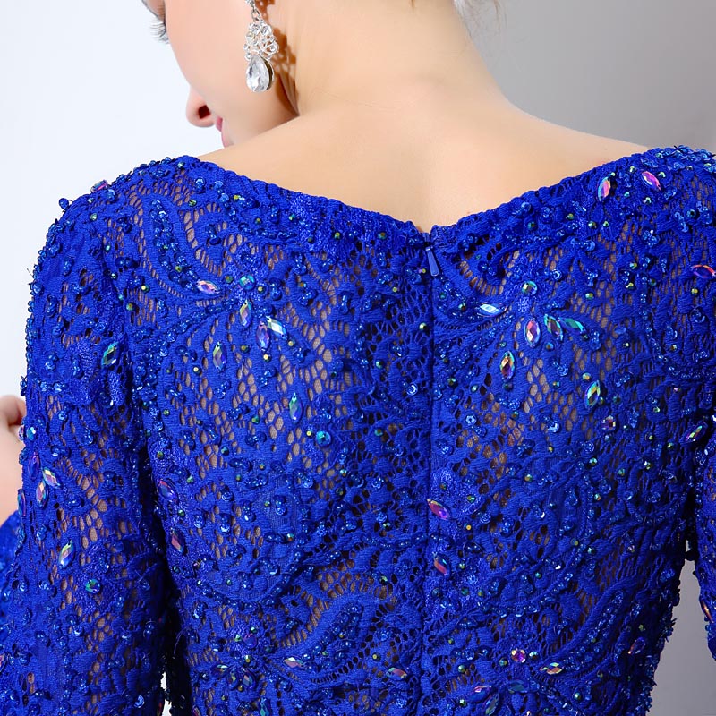 Royal Blue Embellished Boat - Neck Long - Sleeve Ball - Gown Prom Dress, LX045