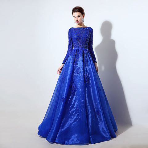 Royal Blue Embellished Boat - Neck Long - Sleeve Ball - Gown Prom Dress, LX045